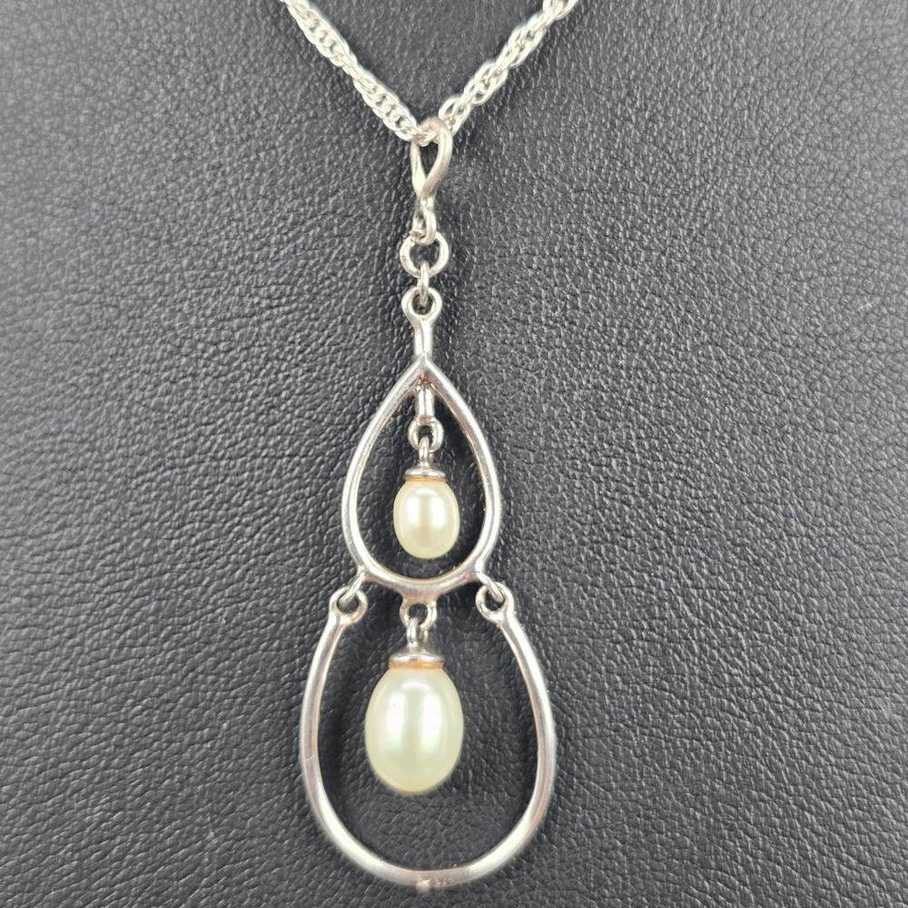 Sterling Silver 925 Double Teardrop Dangle Pearl Pendant Rope Chain Necklace 16"